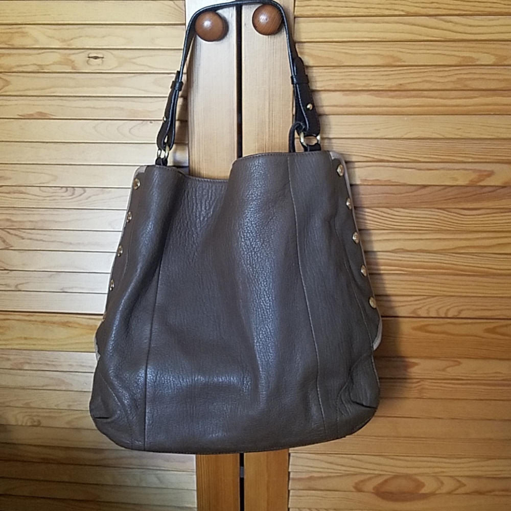 Furla side snap hobo in taupe leather.